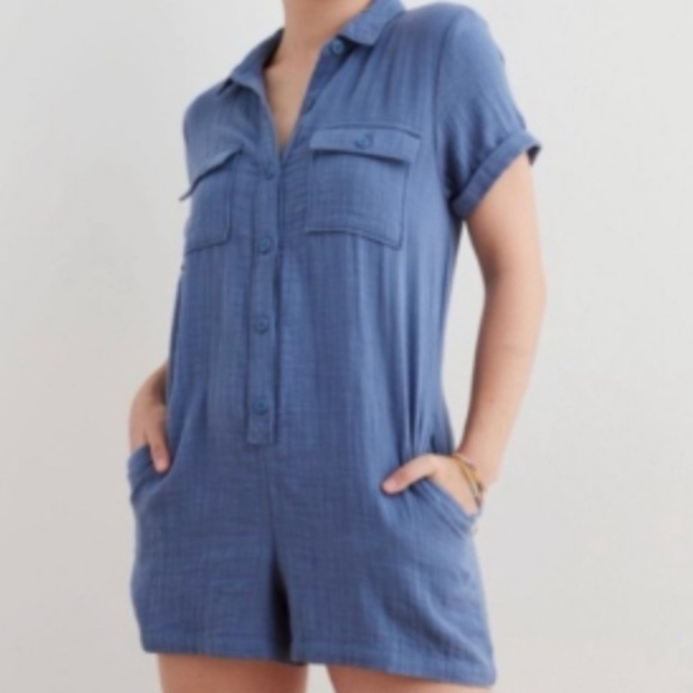 Aerie Softest Utility Gauze Waffle Linen Romper Blue Jumpsuit